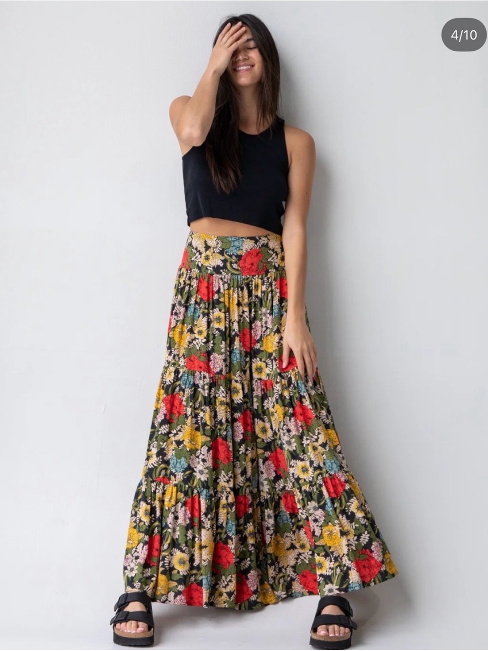 NATURAL LIFE Black Floral Tiered Maxi Skirt with Red, Yellow & Pink Blooms